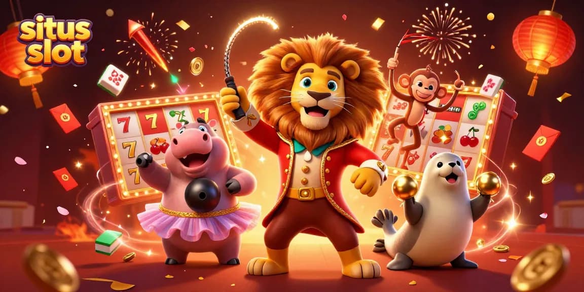 Visual ceria situs slot dengan singa ringmaster, hippo dan monyet dalam suasana meriah.