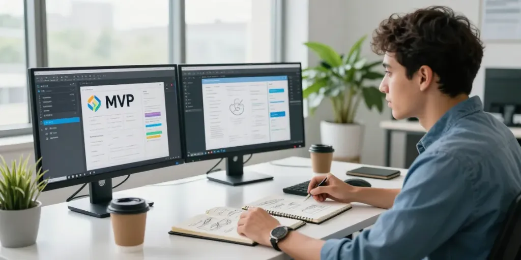 Engaging discussion on mvp development service in a modern workspace with dual screens and collaborative elements.