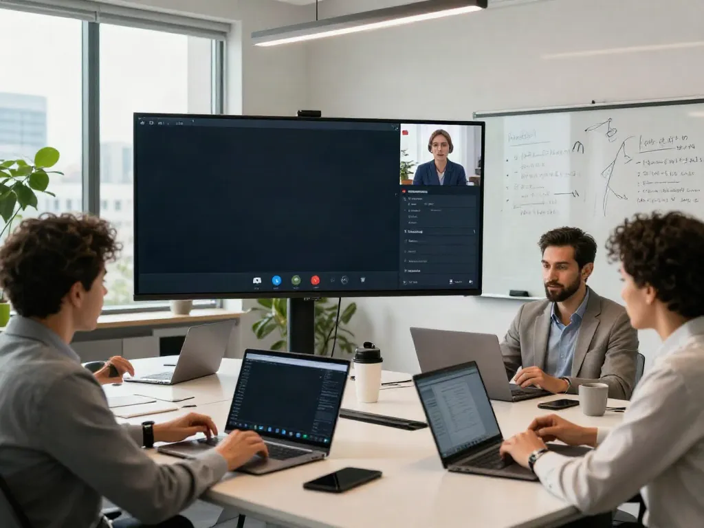 Deepfake protected Conferencing with a diverse team collaborating in a modern office during a virtual meeting.