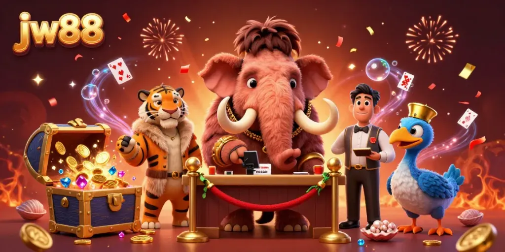 Experience the excitement with jw88 at a vibrant online casino scene featuring colorful characters and game elements.