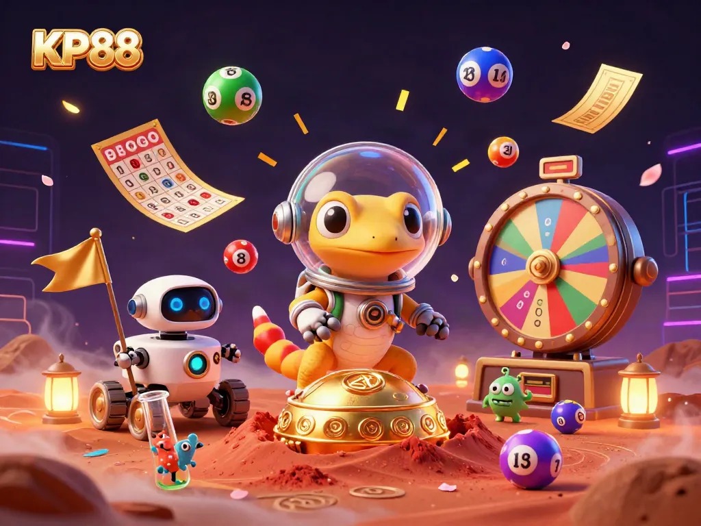 Experience the thrilling world of KP88 with a Martian gecko discovering a golden casino, surrounded by dynamic lottery elements.