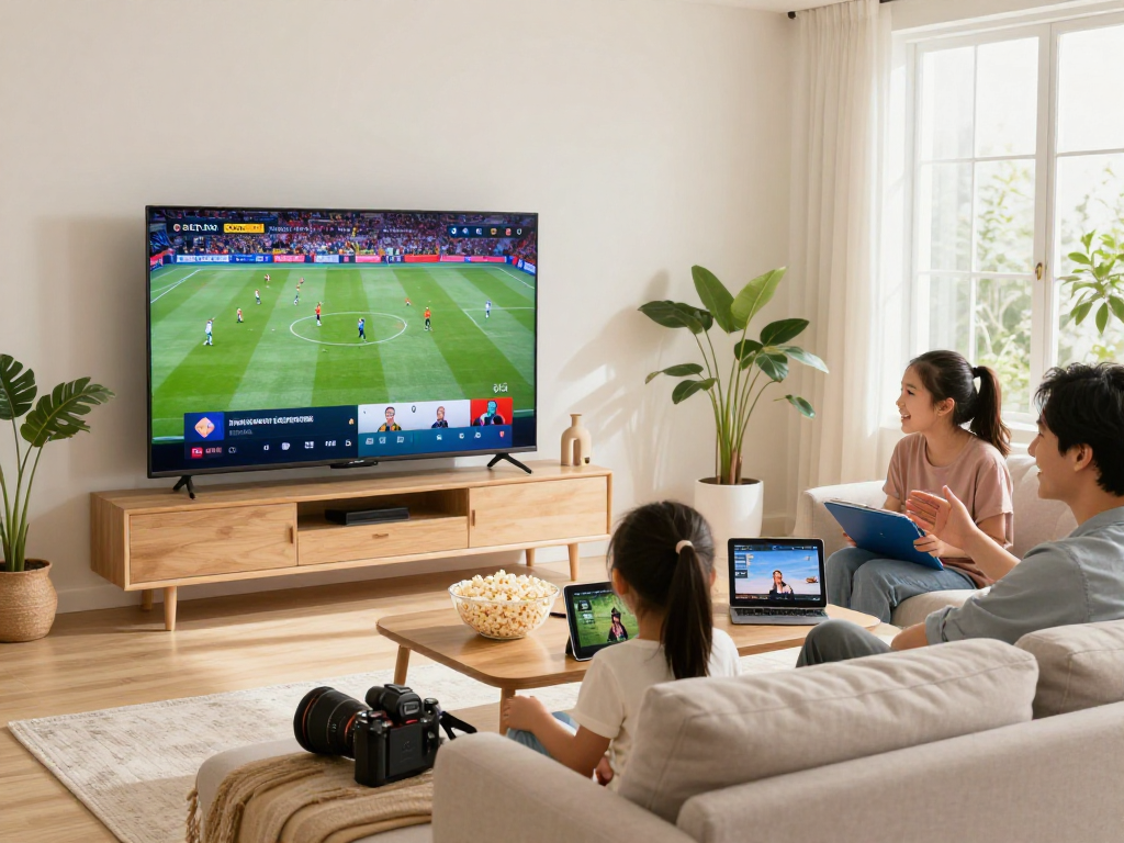 Gezellige woonkamer met een gezin dat geniet van een IPTV-abonnement en live sport kijkt op een groot scherm.
