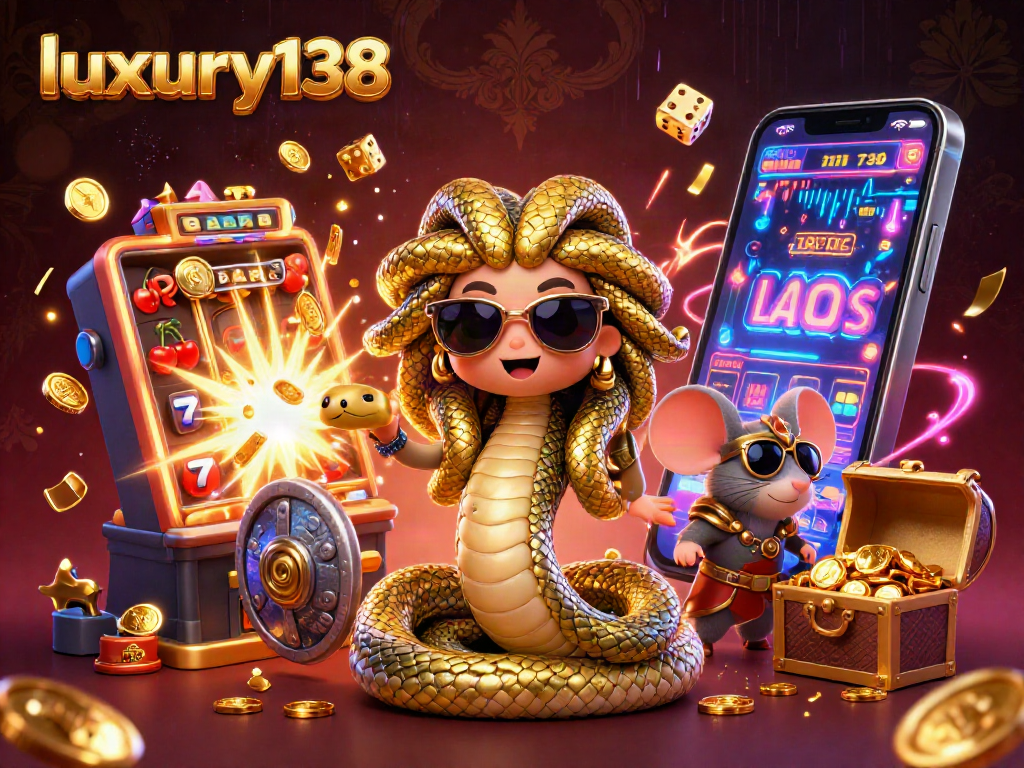 Permainan slot di luxury138 dengan karakter Medusa dan mouse pahlawan pada suasana kasino yang meriah.