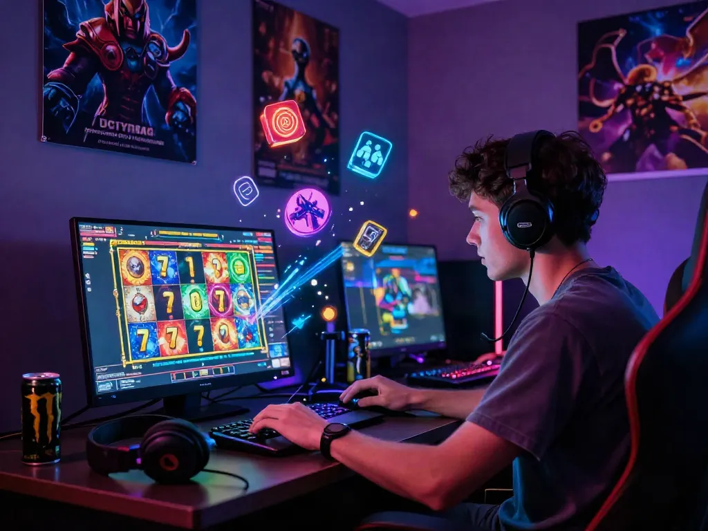 Player enjoying slot777 online gaming experience at a vibrant setup with neon lights
