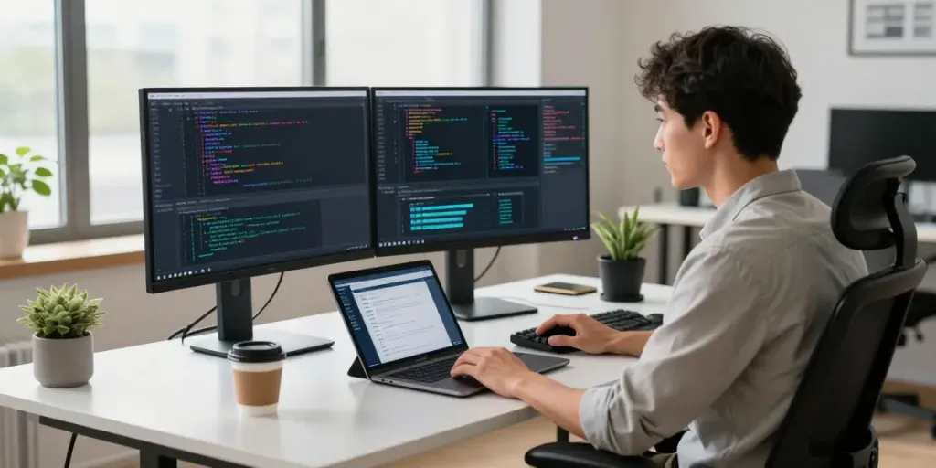 Developer integrating unified LLM API in a modern workspace with dual monitors and tech gadgets.