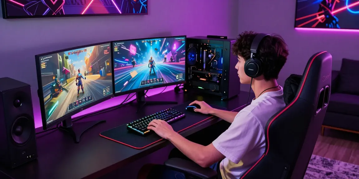 Pengaturan game online mewah dengan gamer menggunakan luxury111, peralatan modern dan pencahayaan neon.