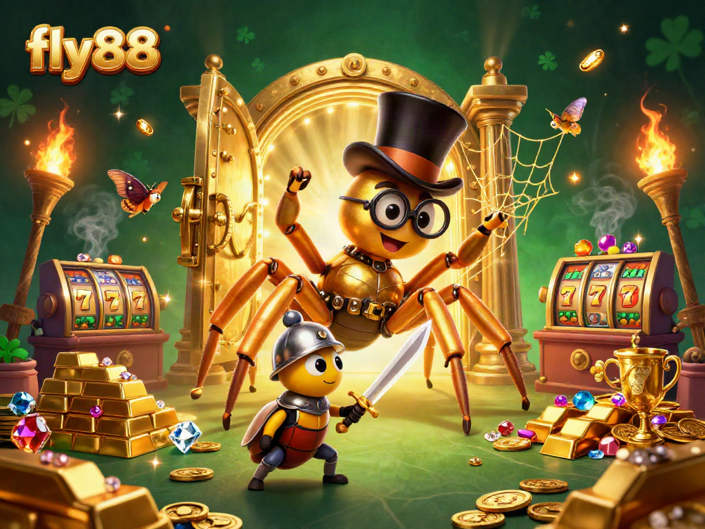 Experience fly88's vibrant casino adventure with a golden tarantula and treasures.