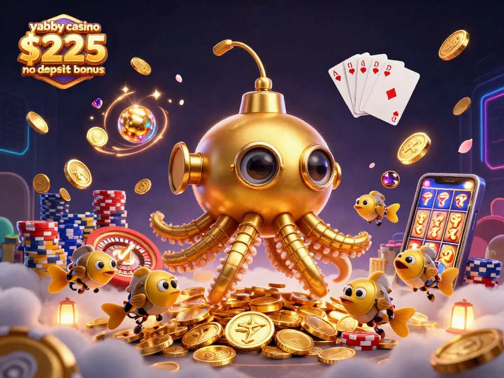 Experience the excitement of Yabby Casino with the $225 no deposit bonus featured in a vibrant, exhilarating 3D scene.