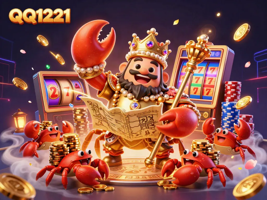 Win big with QQ1221 at this vibrant casino scene featuring a golden crab emperor holding treasures.