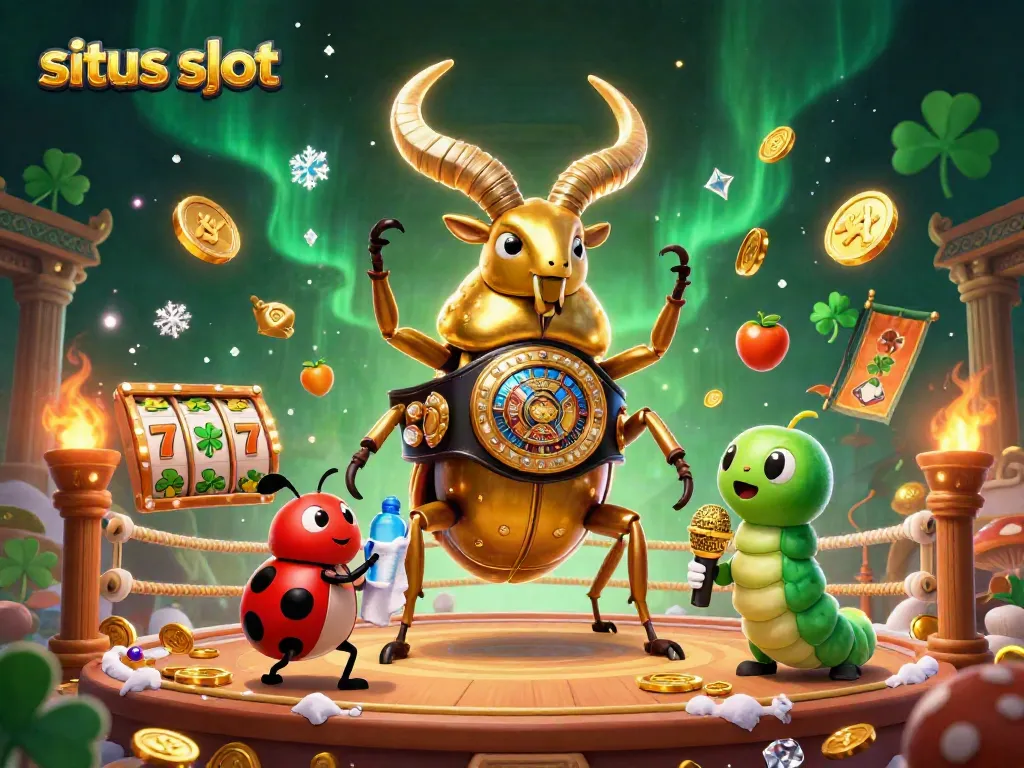 Exciting scene with a giant stag beetle representing situs slot, surrounded by lively gambling elements