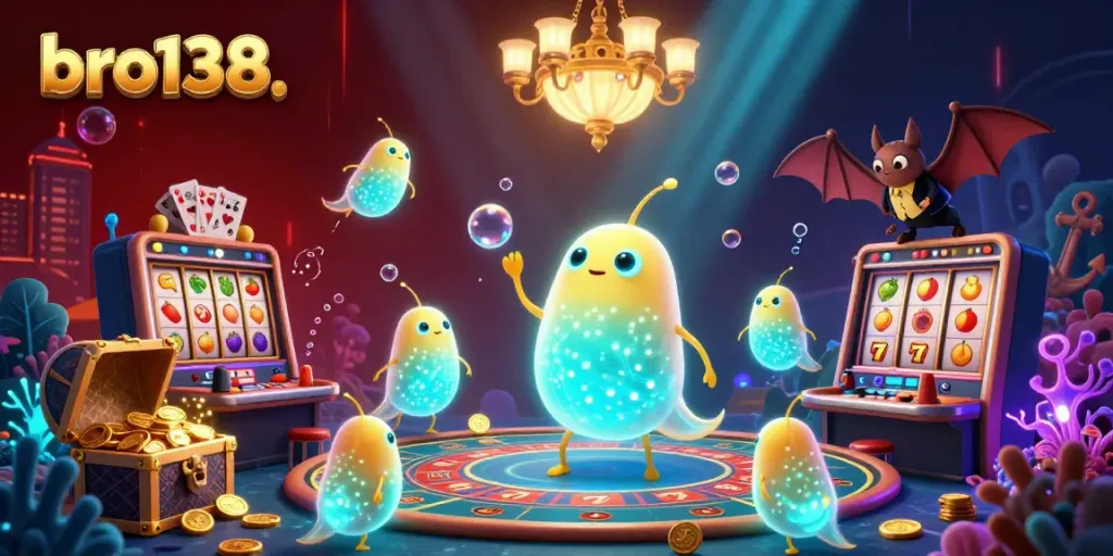 Engage in thrilling gameplay at bro138, where bioluminescent glowworms illuminate a vibrant casino with slot reels and card tables.