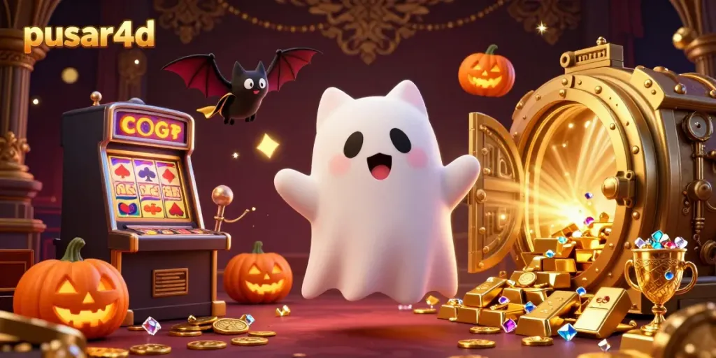 Engage with pusar4d as a ghost cat and bat explore a vibrant haunted casino scene.