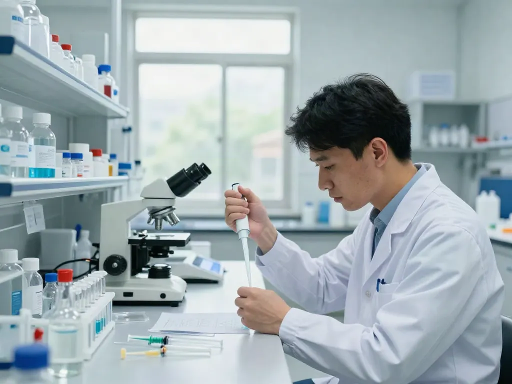 Bac water 2ml being measured in a lab, showcasing sterile vials and precise equipment.