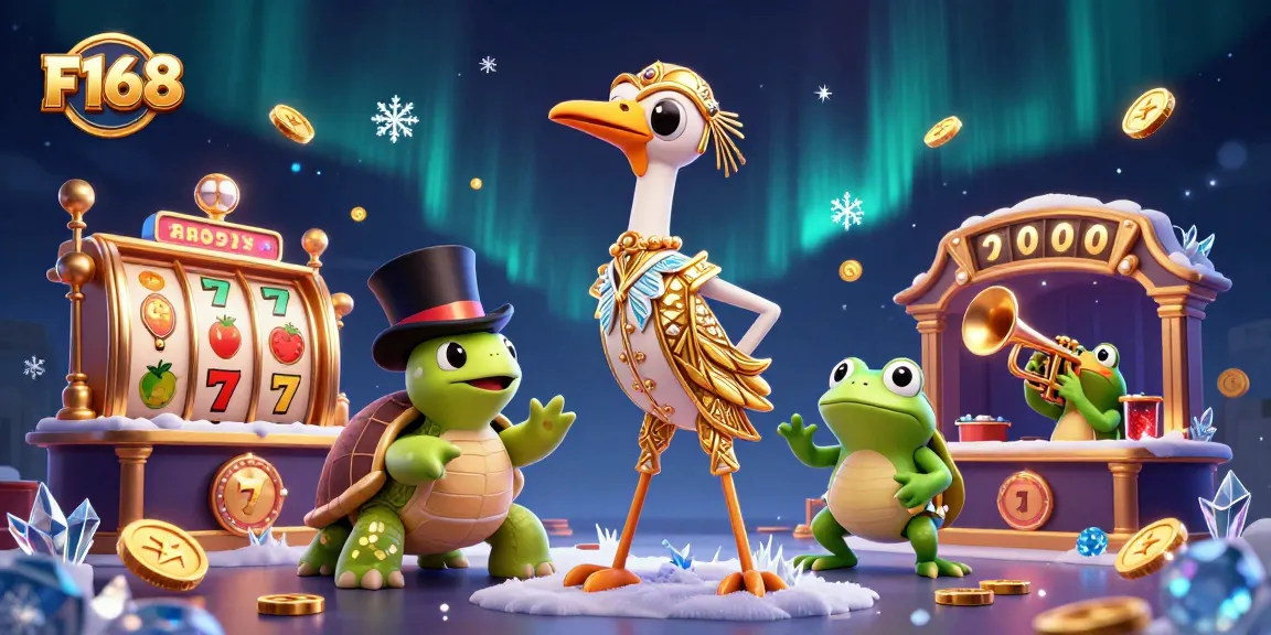 Experience thrilling gameplay with F168 in this vibrant 3D casino scene showcasing whimsical characters and exciting slot elements.