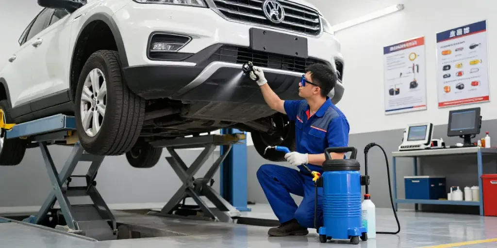 Mechanic performing dpf reinigen in a professional garage.