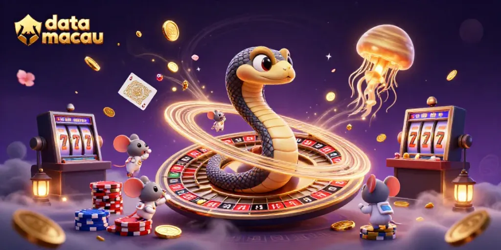 Menampilkan data macau terbaru dengan karakter unik dan elemen permainan kasino dalam ilustrasi yang dinamis.