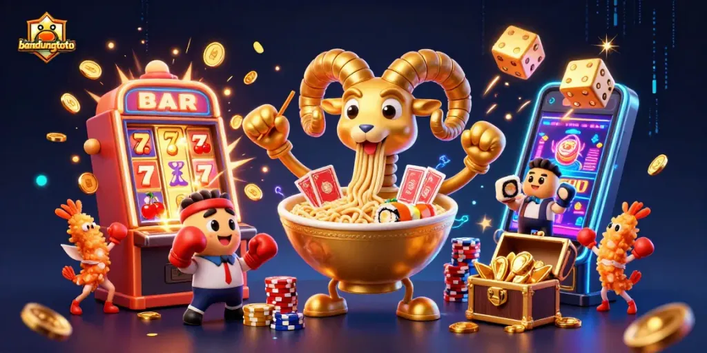 Bandungtoto features a vibrant 3D scene with a giant ramen bowl dealer and slot machine action.