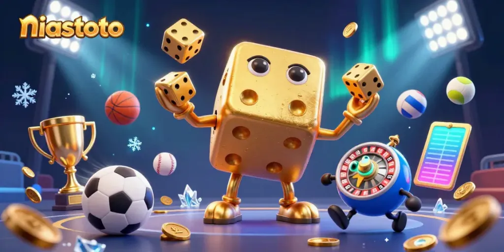 Engage with thrilling niastoto gaming action featuring dynamic golden dice and sports elements in a rich casino scene.
