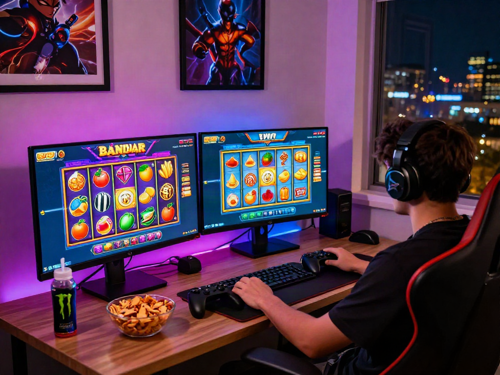 Dynamic bandar slot game setup featuring vibrant graphics, cozy atmosphere, and gaming essentials.