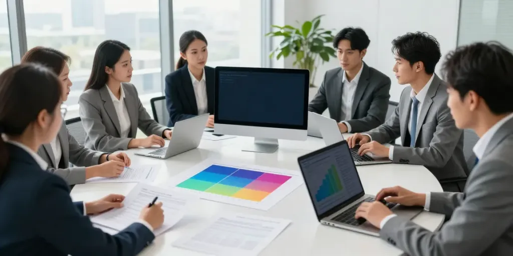 Team collaborating on financial analysis of the largest US banks in modern office.
