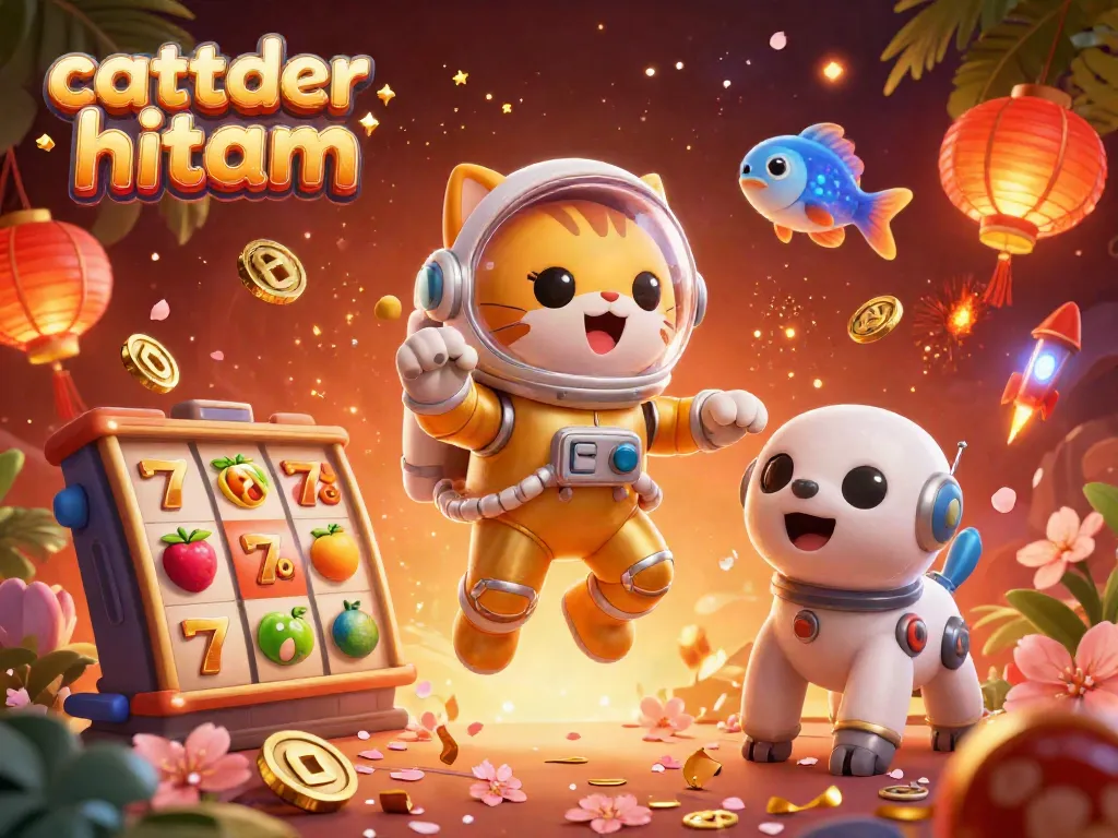 Engage with scatter hitam in a vibrant casino scene featuring characters, slot reels, and lively decorations.