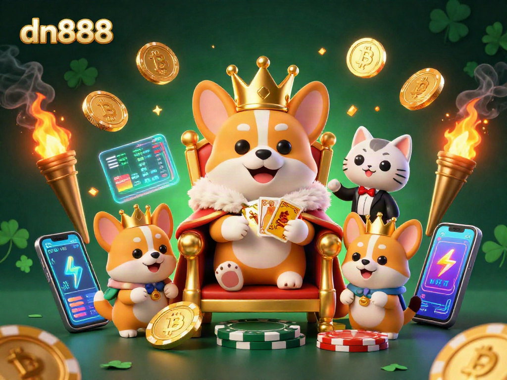Engage with dn888 in a vibrant 3D digital illustration showcasing casino elements, crypto coins, and playful characters.