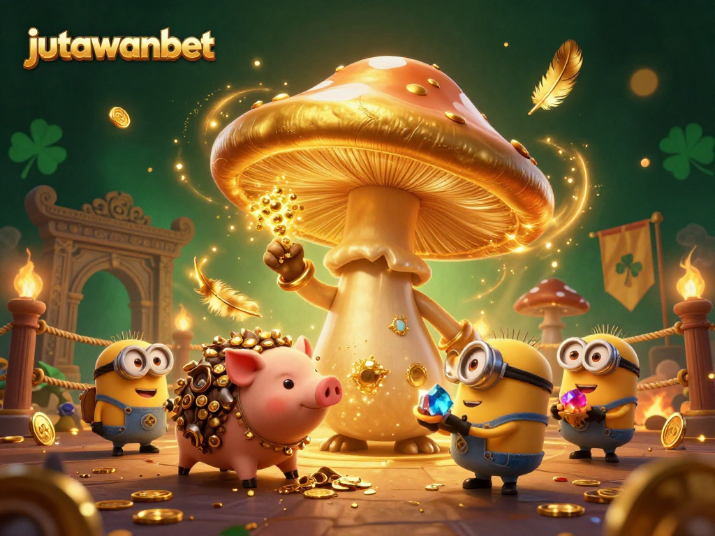 Engage with jutawanbet's magical slot experience illustrated by a golden mushroom wizard and treasure-finding pig.