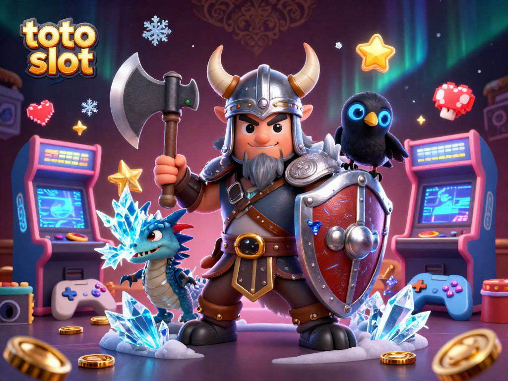 Menampilkan toto slot dengan karakter pahlawan Viking dan naga, dikelilingi mesin permainan.