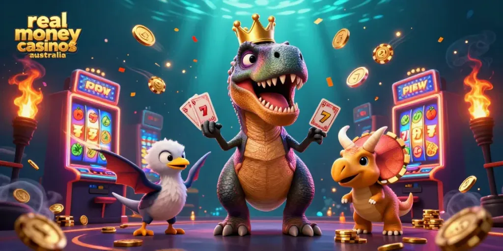 Exciting scene showcasing real money casinos Australia with a T-Rex shuffling cards and vibrant slot machines.