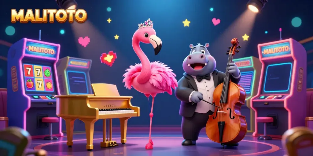 MALITOTO's vibrant casino scene showcases a flamingo singer with a hippo bassist amidst slot games and colorful arcade elements.