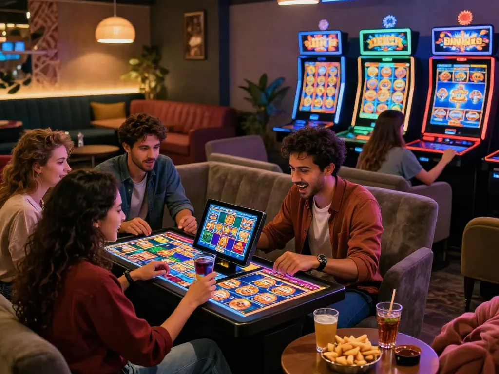Group enjoying slot maxwin games in a stylish online casino lounge.