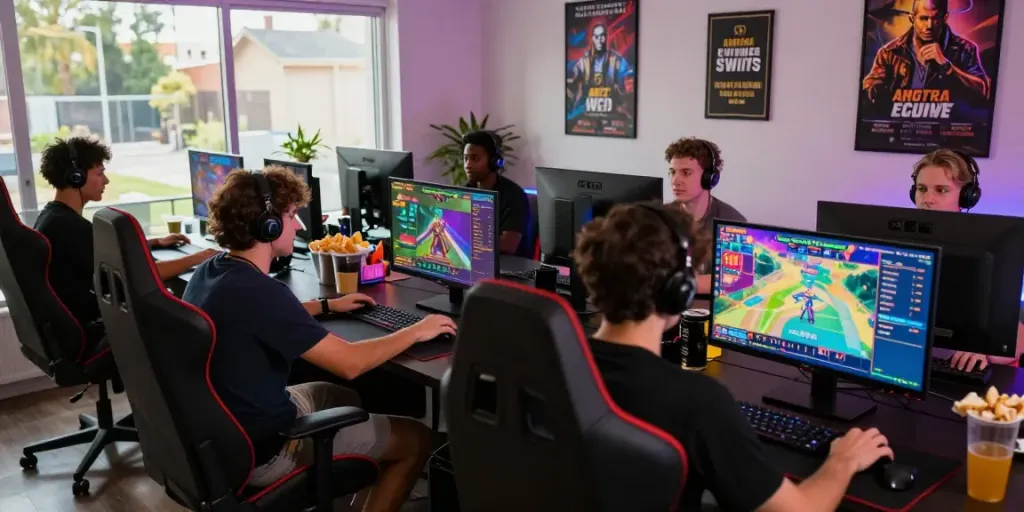 Engaged gamers enjoying the dynamic bigdewa online gaming experience in a modern home office.