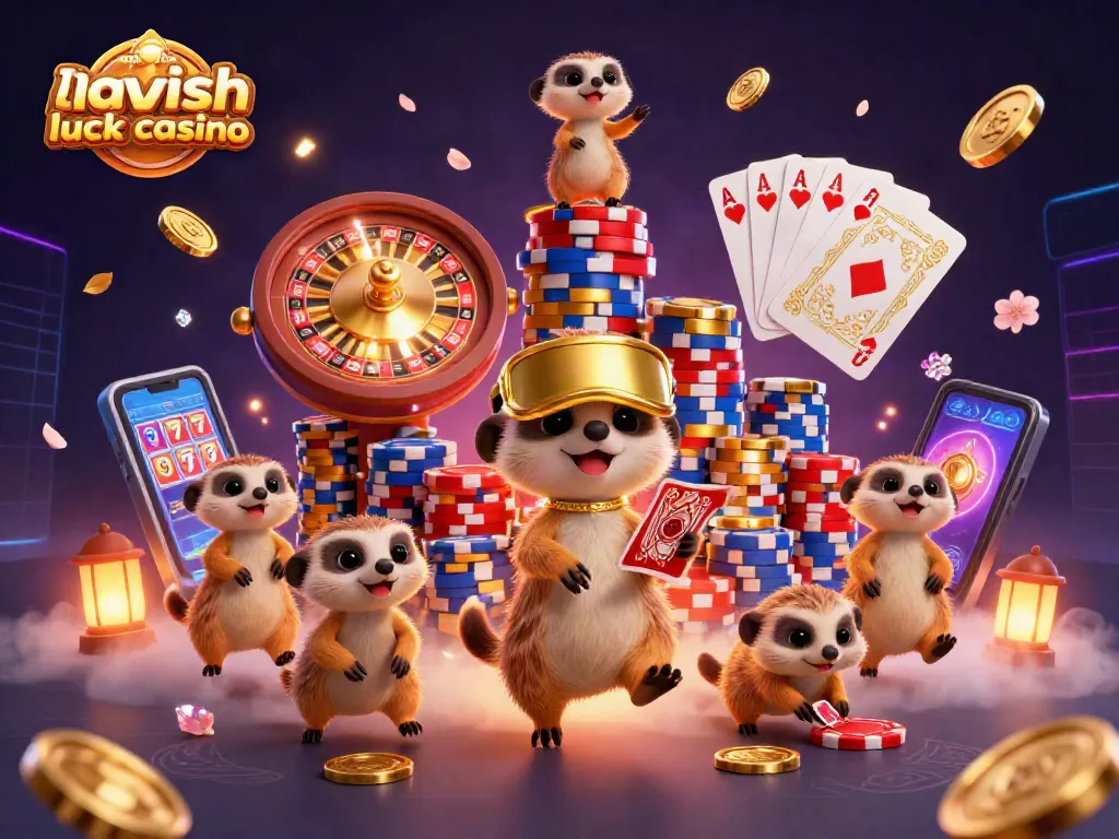 Engage with apps like lavish luck casino in this vibrant casino scene featuring meerkats managing a dynamic gaming operation.
