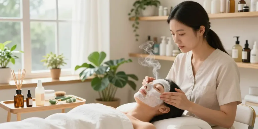 Experience beauty and wellness products online India with a serene skincare session in a bright studio.