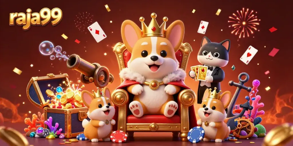 Engage with raja99's vibrant casino world featuring a royal corgi on a poker chip throne surrounded by treasures.