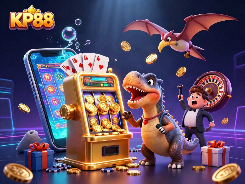 KP88 showcases a dinosaur-themed casino scene, featuring dynamic slot machine action and exciting gameplay elements.