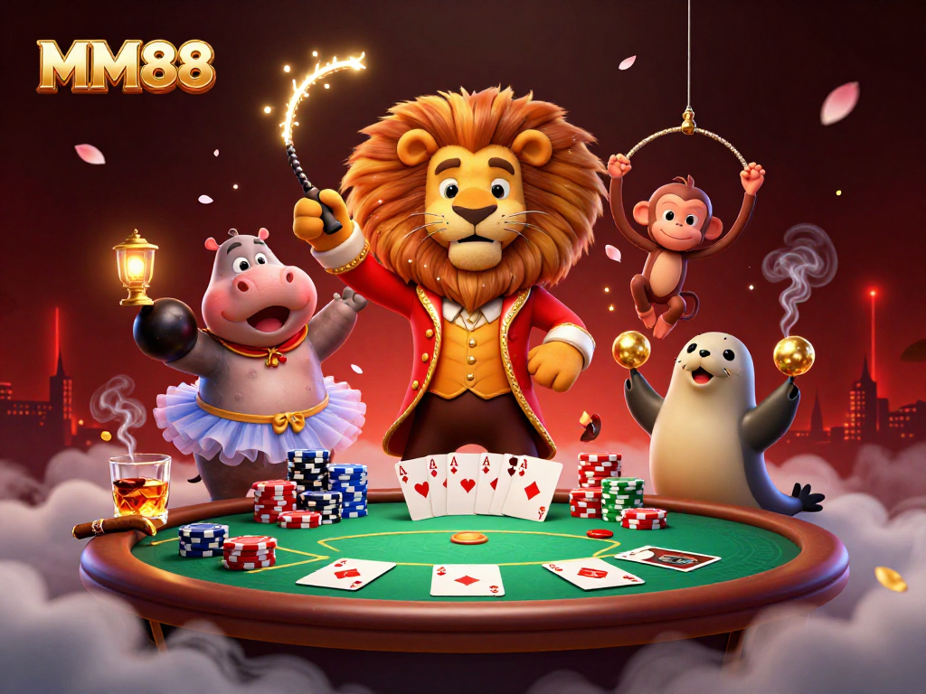 Experience the thrill of MM88 with a dynamic 3D casino scene featuring rich game elements and engaging characters.