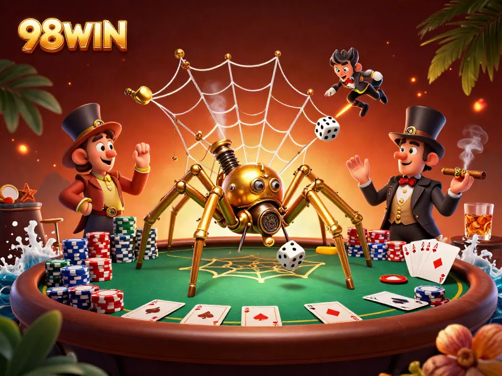 Experience the thrilling world of 98WIN with a steampunk-themed casino scene full of vibrant poker action.