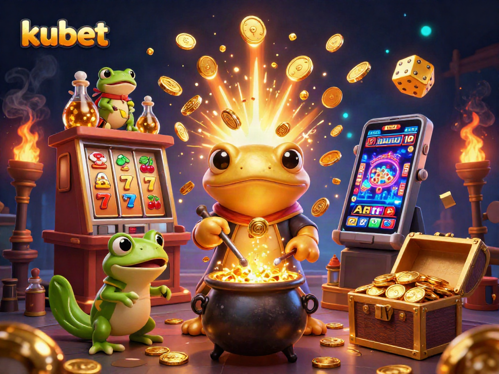 Kubet showcases a vibrant 3D scene with a golden salamander alchemist and a frog apprentice in a busy casino setting.