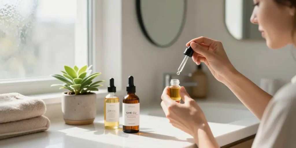 Individual applying GHK-Cu peptide serum in a bright bathroom, surrounded by natural skincare products.