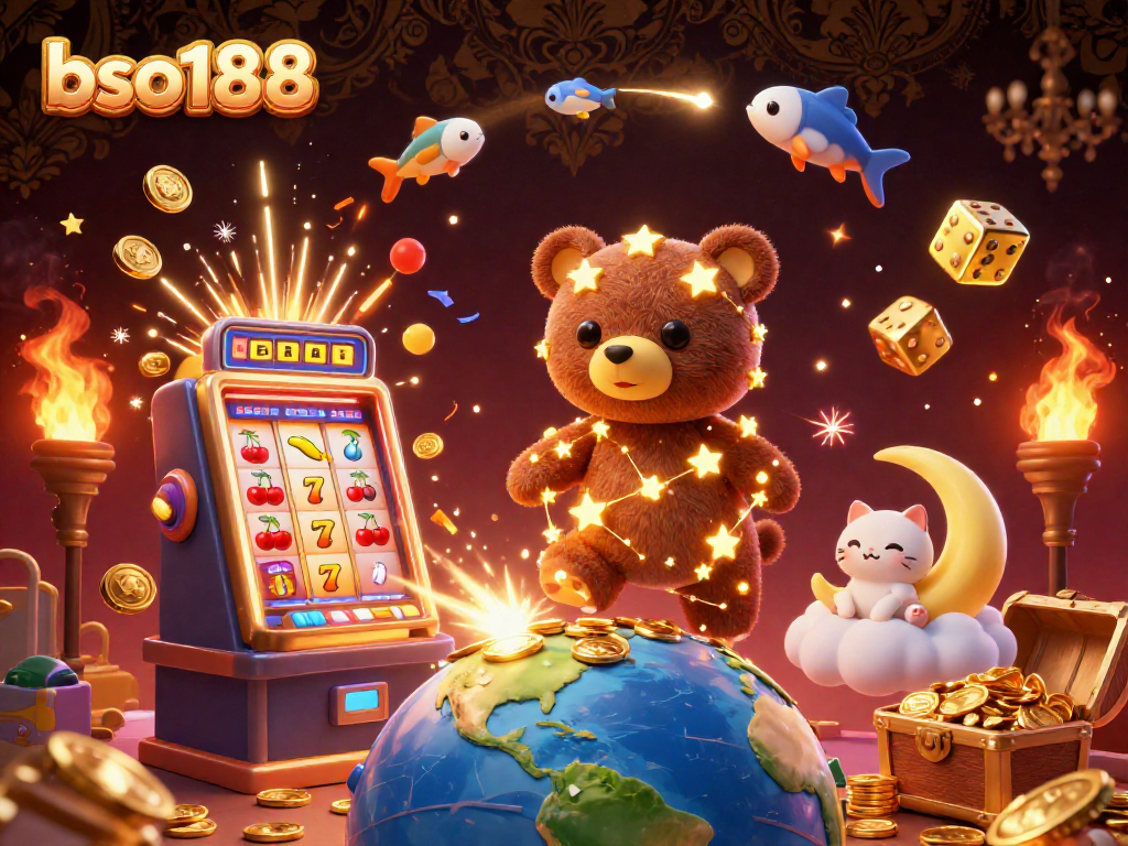 Experience thrilling casino action with bso188 and a golden constellation bear celebrating jackpots.