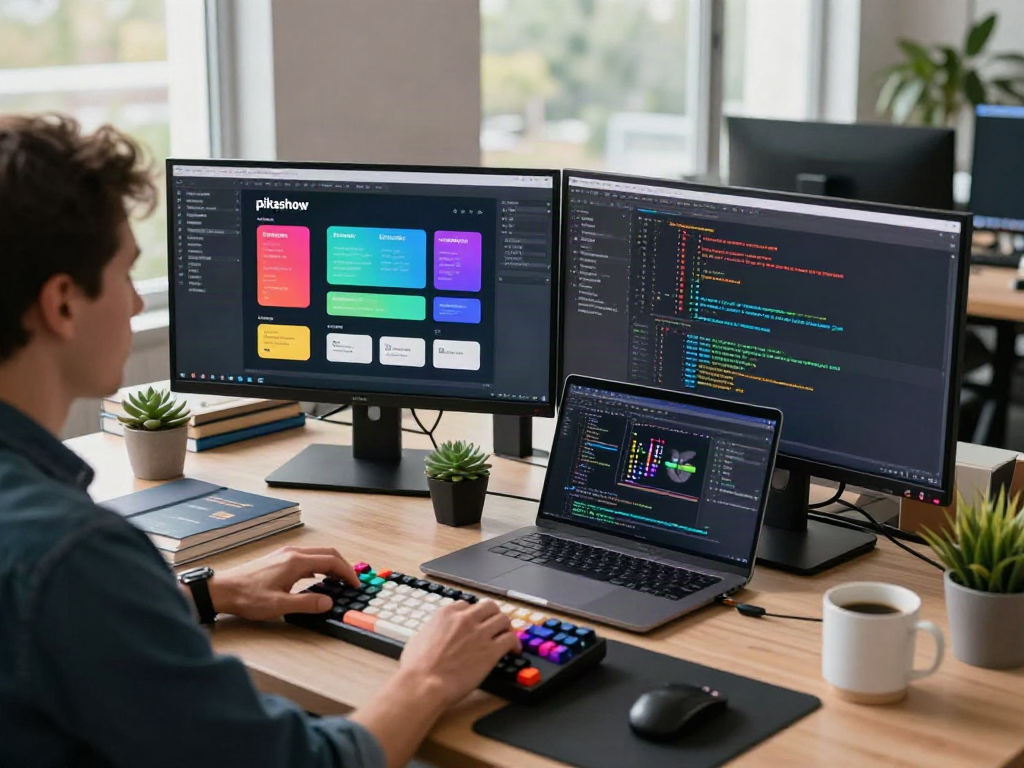 The workspace of a software developer showcasing the pikashow app on multiple screens, filled with tech elements and natural light.