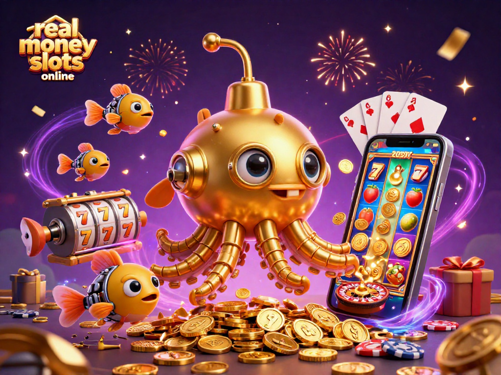 Experience real money slots online with a 3D kraken submarine and vibrant slot game elements.