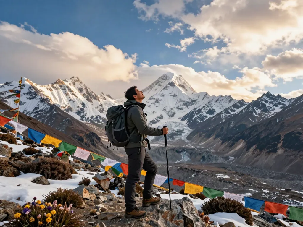Manaslu Trek traveler at Larkya La Pass showcasing breathtaking mountain views.
