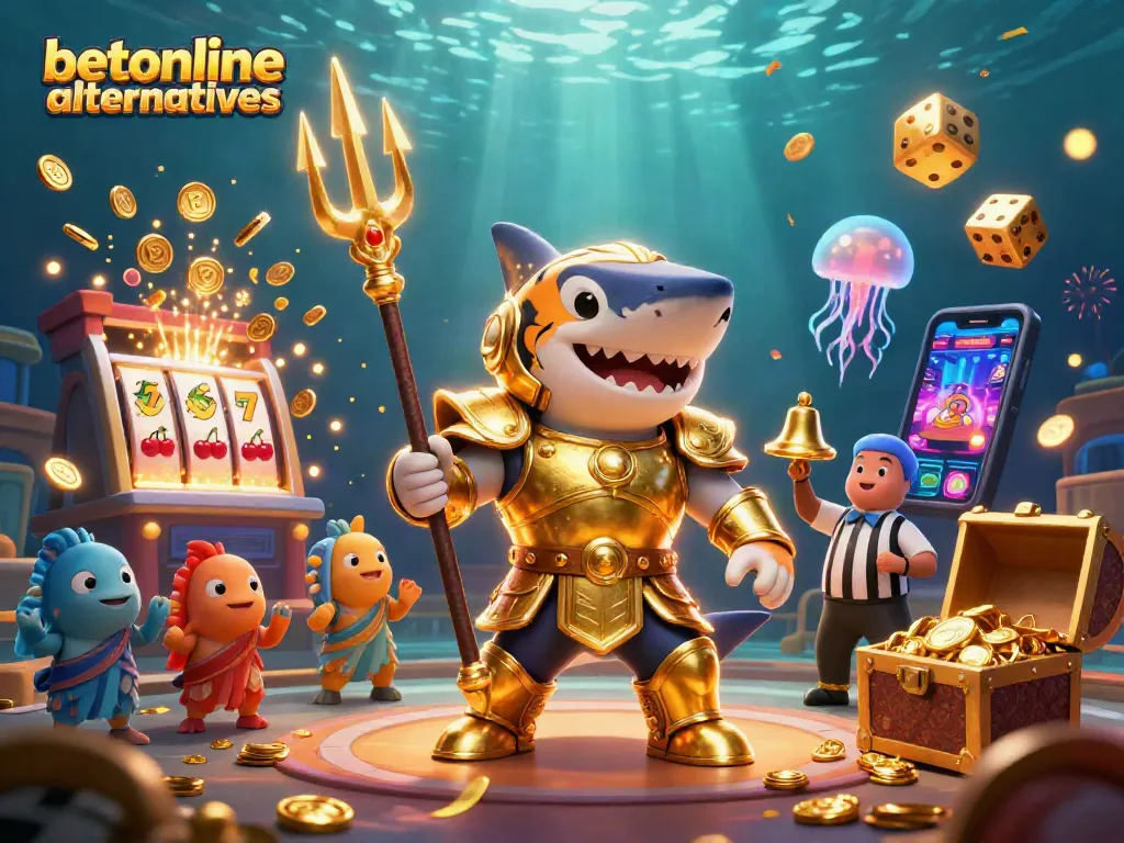 Experience betonline alternatives through thrilling underwater casino adventures with a tiger shark and gold treasures.