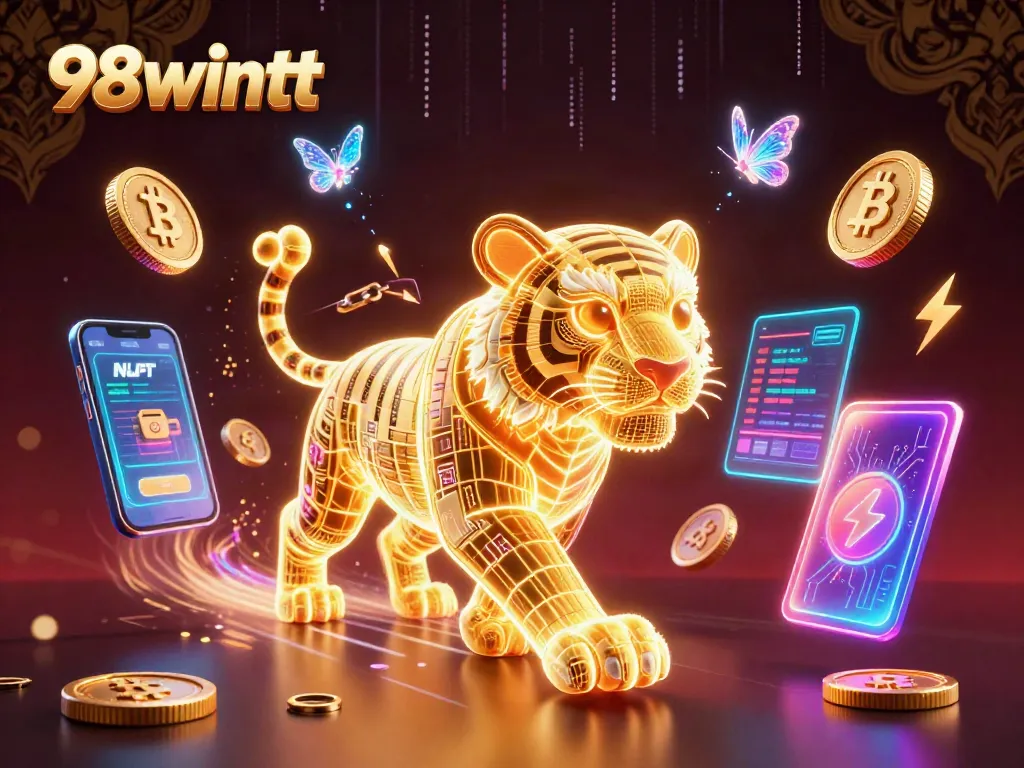 Engage in thrilling gaming at 98wintt with neon-wireframe characters in a vibrant casino.