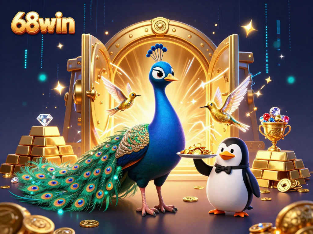 Experience the excitement of 68win as a vibrant peacock and penguin serve golden chips in a dazzling casino.