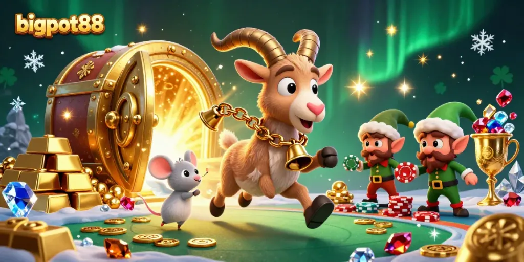 bigpot88 memeriahkan kasino dengan gambar Krampus dan gremlin mencuri chip di antara tumpukan emas
