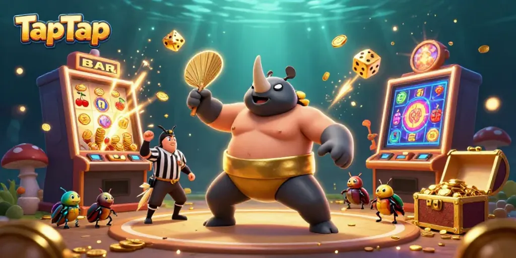 TapTap's thrilling casino experience captured with a sumo beetle champion amidst a jackpot explosion.