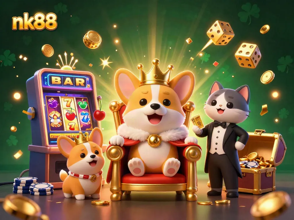 nk88 introduces a royal corgi on a throne of poker chips amidst a jackpot explosion.